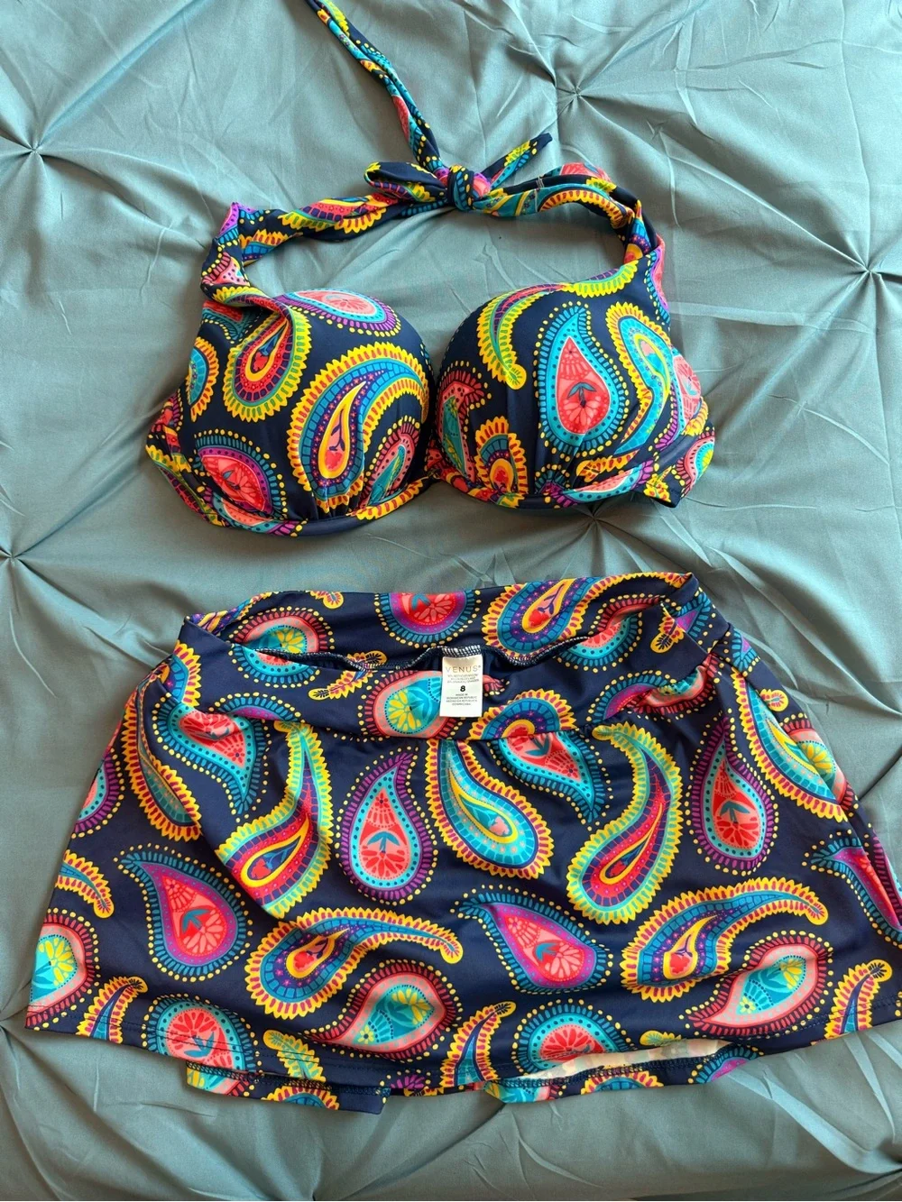 VENUS Navy Paisley Halter Bikini Set with Skirt
